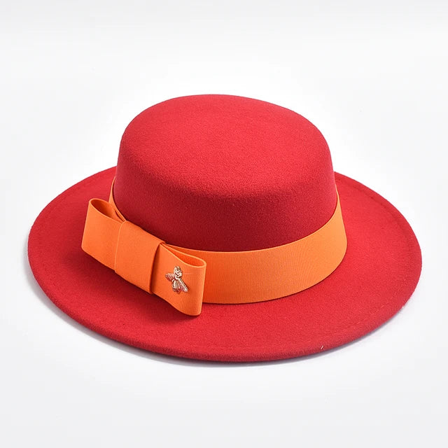 Fedora Hat for Women Elegant Flat Top Bow Jazz Hat Chapeau Femme-Winter Hats-Arimonz-Red-One Size-Arimonz