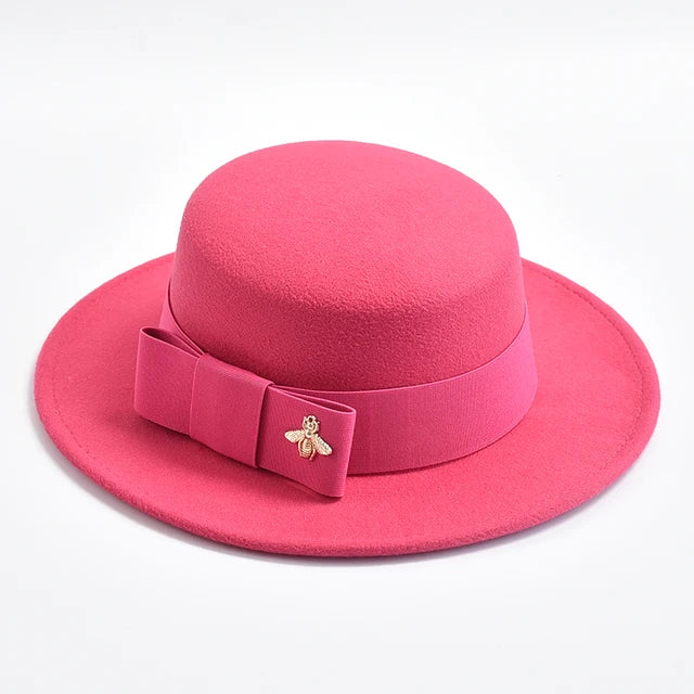 Fedora Hat for Women Elegant Flat Top Bow Jazz Hat Chapeau Femme-Winter Hats-Arimonz-Rose01-One Size-Arimonz