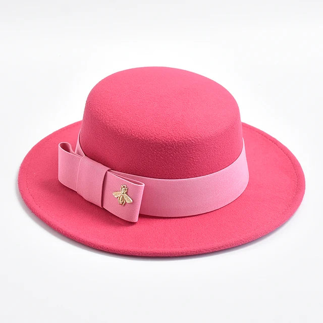 Fedora Hat for Women Elegant Flat Top Bow Jazz Hat Chapeau Femme-Winter Hats-Arimonz-Rose02-One Size-Arimonz