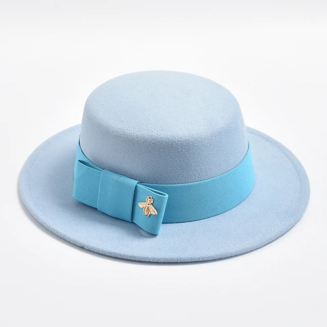 Fedora Hat for Women Elegant Flat Top Bow Jazz Hat Chapeau Femme-Winter Hats-Arimonz-Sky blue02-One Size-Arimonz