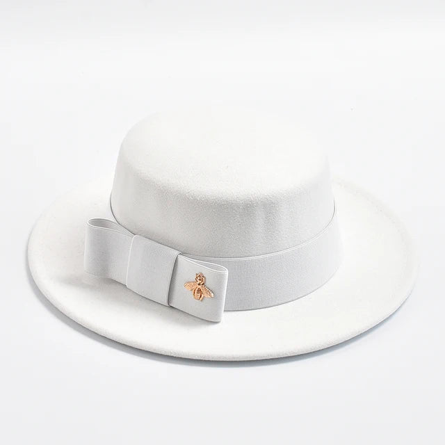 Fedora Hat for Women Elegant Flat Top Bow Jazz Hat Chapeau Femme-Winter Hats-Arimonz-White01-One Size-Arimonz