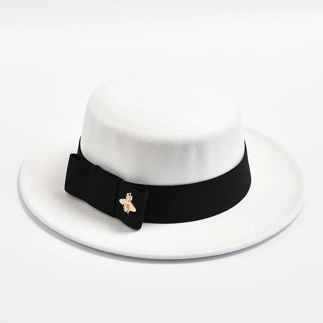 Fedora Hat for Women Elegant Flat Top Bow Jazz Hat Chapeau Femme-Winter Hats-Arimonz-White02-One Size-Arimonz