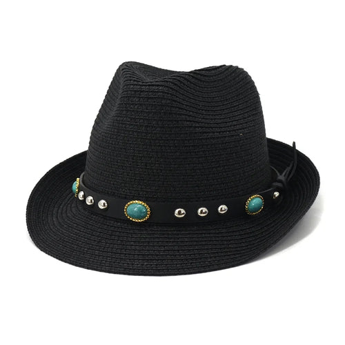 Fedora Jazz Straw Summer Beach Hat UV Sun Protection Sunhat-Summer Hats-Arimonz-black-58cm/22"-Arimonz