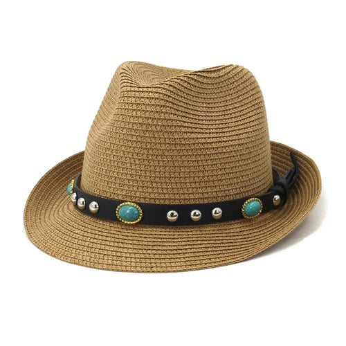 Fedora Jazz Straw Summer Beach Hat UV Sun Protection Sunhat-Summer Hats-Arimonz-Khaki-58cm/22"-Arimonz