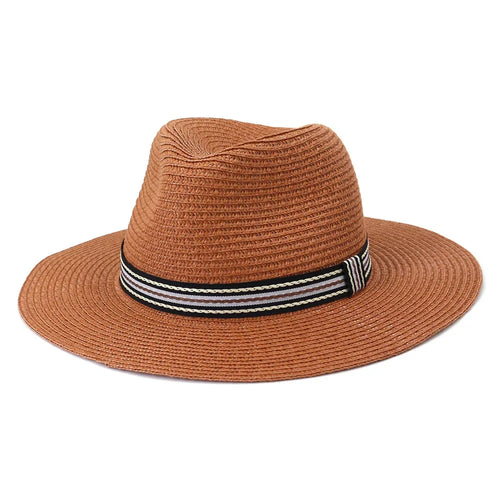 Fedora Panama Summer Sun Hat for Women Beach Straw Hat UV Protection-Summer Hats-Arimonz-Caramel-58cm/22"-Arimonz