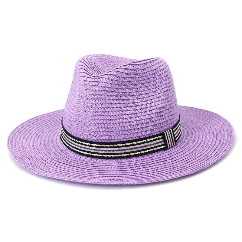 Fedora Panama Summer Sun Hat for Women Beach Straw Hat UV Protection-Summer Hats-Arimonz-Light Purple-58cm/22"-Arimonz