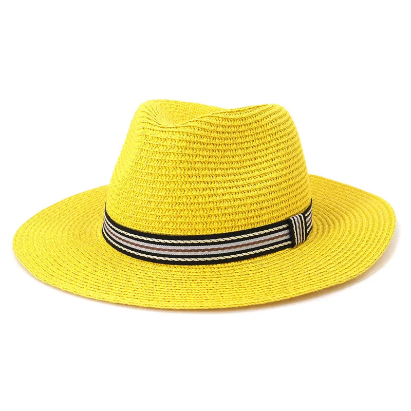 Fedora Panama Summer Sun Hat for Women Beach Straw Hat UV Protection-Summer Hats-Arimonz-Yellow-58cm/22"-Arimonz