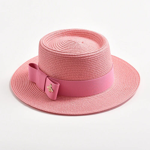 Flat Top Bowknot Sun Hat with Textured Surface Spring Summer Straw Hat-Summer Hats-Arimonz-Arimonz