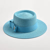 Flat Top Bowknot Sun Hat with Textured Surface Spring Summer Straw Hat-Summer Hats-Arimonz-Lake blue-56-58CM/22"-Arimonz