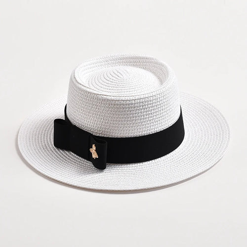 Flat Top Bowknot Sun Hat with Textured Surface Spring Summer Straw Hat-Summer Hats-Arimonz-White02-56-58CM/22"-Arimonz