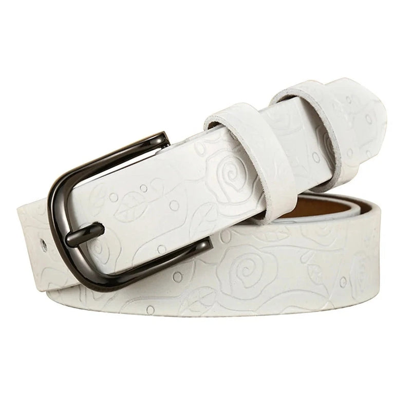 Floral Pattern Rose Genuine Leather Belt Women Pin Buckle Metal Belt-Belts-Arimonz-Arimonz