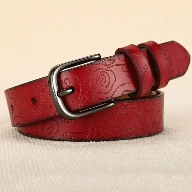 Floral Pattern Rose Genuine Leather Belt Women Pin Buckle Metal Belt-Belts-Arimonz-Red-95cm for under26Inch-Arimonz