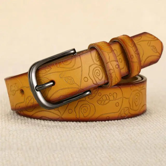 Floral Pattern Rose Genuine Leather Belt Women Pin Buckle Metal Belt-Belts-Arimonz-Yellow Brown-95cm for under26Inch-Arimonz