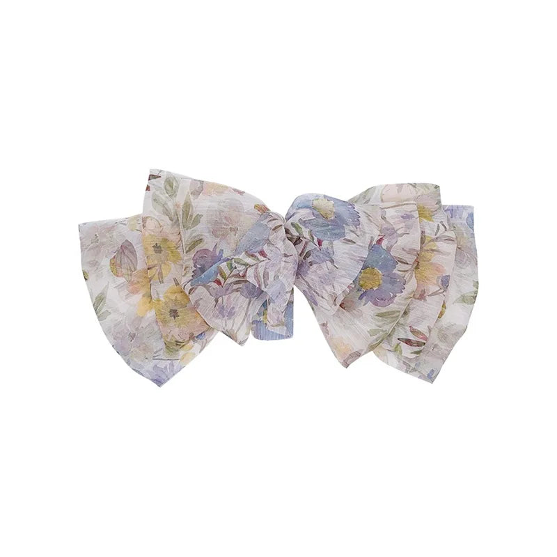 Fluffy Chiffon Mesh Crushed Flower Multi Layer Bow Barrette Hair Clip-Hair Accessories-Arimonz-Arimonz