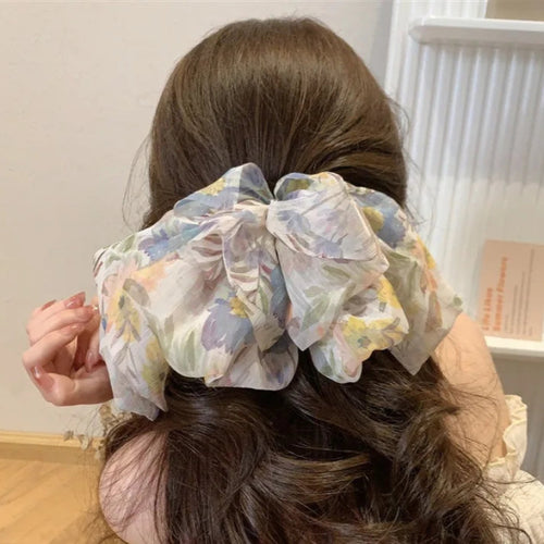 Fluffy Chiffon Mesh Crushed Flower Multi Layer Bow Barrette Hair Clip-Hair Accessories-Arimonz-Arimonz