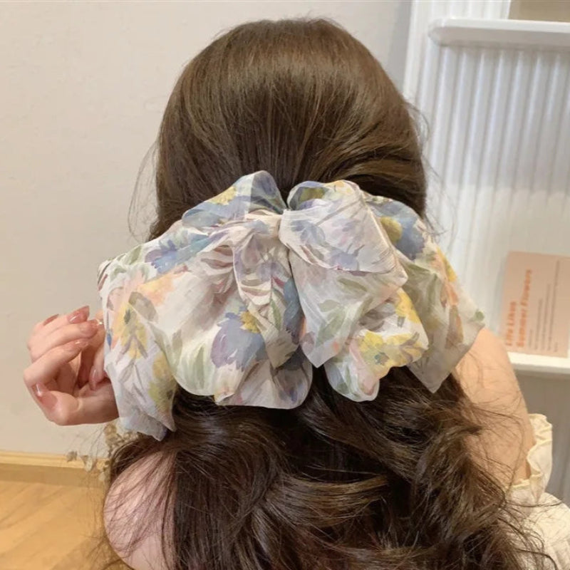 Fluffy Chiffon Mesh Crushed Flower Multi Layer Bow Barrette Hair Clip-Hair Accessories-Arimonz-Arimonz