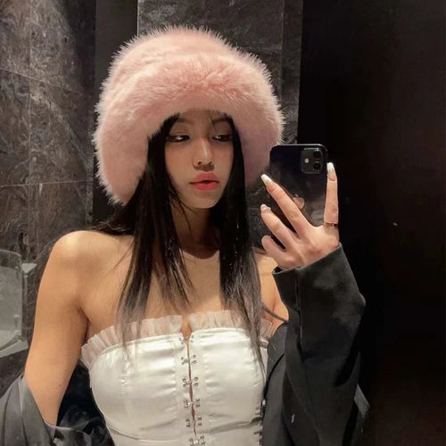 Fluffy Faux Fur Bucket Hats Women Warm Thick Plush Winter Hat-Winter Hats-Arimonz-Arimonz
