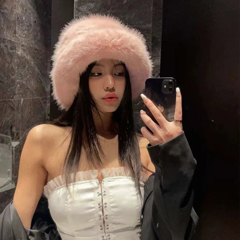 Fluffy Faux Fur Bucket Hats Women Warm Thick Plush Winter Hat-Winter Hats-Arimonz-Arimonz