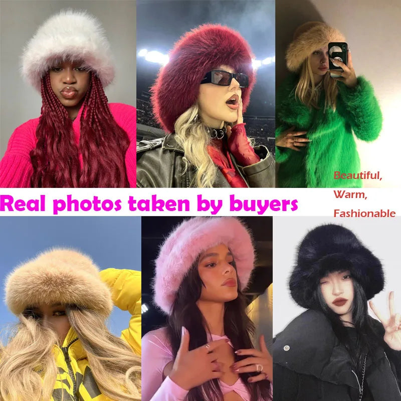 Fluffy Faux Fur Bucket Hats Women Warm Thick Plush Winter Hat-Winter Hats-Arimonz-Arimonz