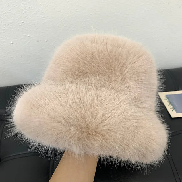 Fluffy Faux Fur Bucket Hats Women Warm Thick Plush Winter Hat-Winter Hats-Arimonz-Beige-54-58cm/ 21-22"-Arimonz