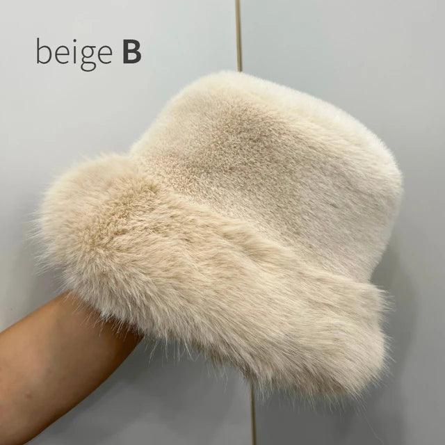 Fluffy Faux Fur Bucket Hats Women Warm Thick Plush Winter Hat-Winter Hats-Arimonz-beige B style-54-58cm/ 21-22"-Arimonz