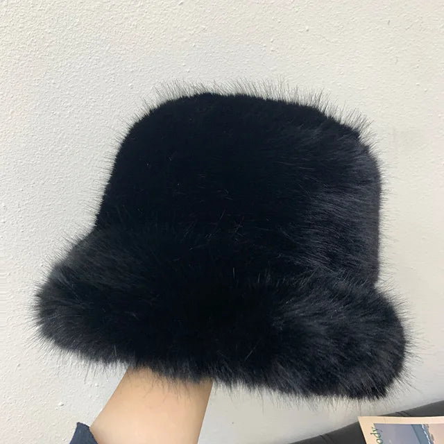 Fluffy Faux Fur Bucket Hats Women Warm Thick Plush Winter Hat-Winter Hats-Arimonz-Black-54-58cm/ 21-22"-Arimonz