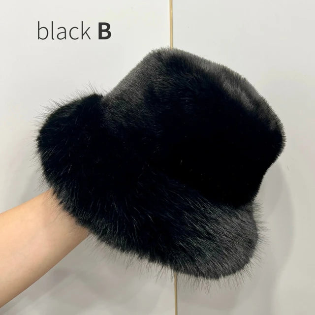 Fluffy Faux Fur Bucket Hats Women Warm Thick Plush Winter Hat-Winter Hats-Arimonz-black B style-54-58cm/ 21-22"-Arimonz