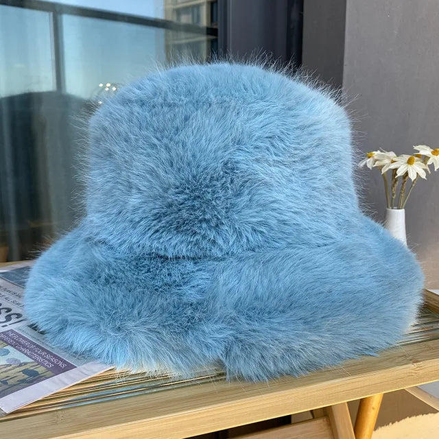 Fluffy Faux Fur Bucket Hats Women Warm Thick Plush Winter Hat-Winter Hats-Arimonz-Blue-54-58cm/ 21-22"-Arimonz