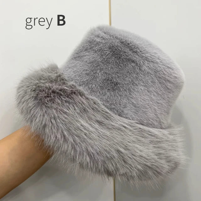 Fluffy Faux Fur Bucket Hats Women Warm Thick Plush Winter Hat-Winter Hats-Arimonz-grey B style-54-58cm/ 21-22"-Arimonz