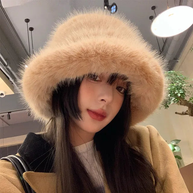 Fluffy Faux Fur Bucket Hats Women Warm Thick Plush Winter Hat-Winter Hats-Arimonz-Khaki-54-58cm/ 21-22"-Arimonz