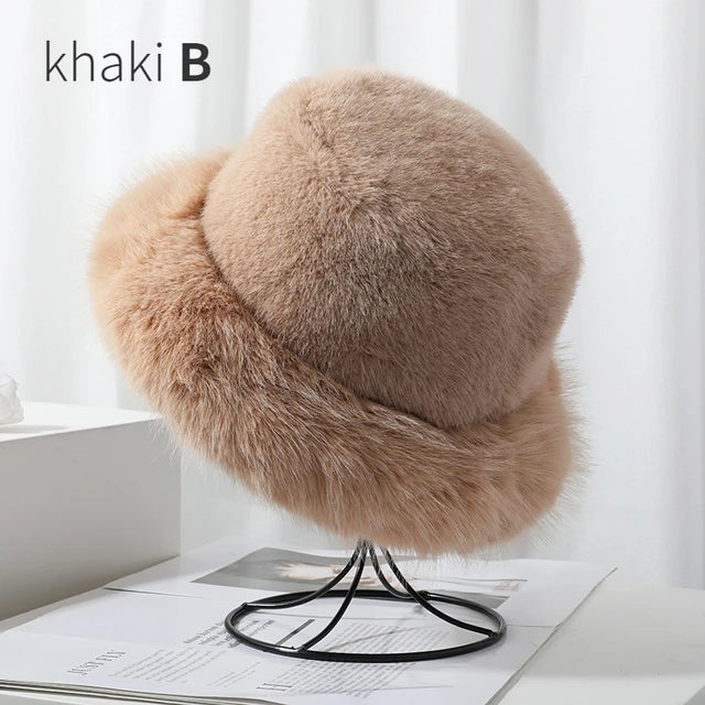 Fluffy Faux Fur Bucket Hats Women Warm Thick Plush Winter Hat-Winter Hats-Arimonz-khaki B style-54-58cm/ 21-22"-Arimonz