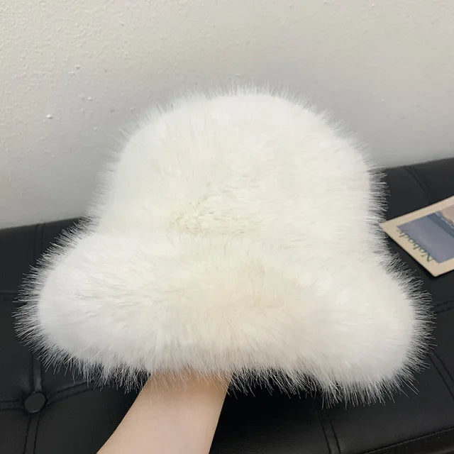 Fluffy Faux Fur Bucket Hats Women Warm Thick Plush Winter Hat-Winter Hats-Arimonz-milk white-54-58cm/ 21-22"-Arimonz