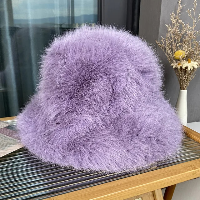 Fluffy Faux Fur Bucket Hats Women Warm Thick Plush Winter Hat-Winter Hats-Arimonz-purple-54-58cm/ 21-22"-Arimonz