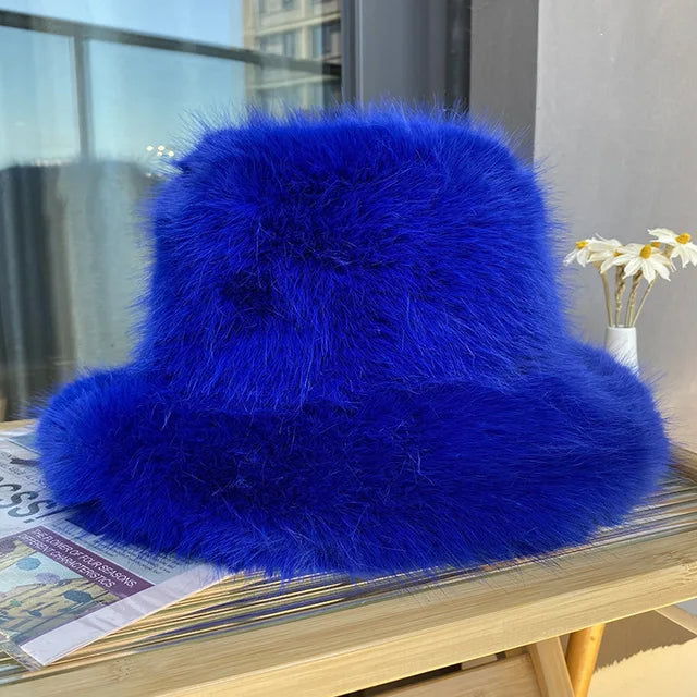Fluffy Faux Fur Bucket Hats Women Warm Thick Plush Winter Hat-Winter Hats-Arimonz-Royal Blue-54-58cm/ 21-22"-Arimonz