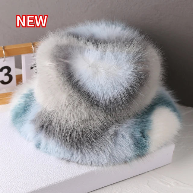 Fluffy Faux Fur Bucket Hats Women Warm Thick Plush Winter Hat-Winter Hats-Arimonz-tie-dye grey blue-54-58cm/ 21-22"-Arimonz