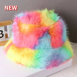 Fluffy Faux Fur Bucket Hats Women Warm Thick Plush Winter Hat-Winter Hats-Arimonz-tie-dye red yellow-54-58cm/ 21-22"-Arimonz