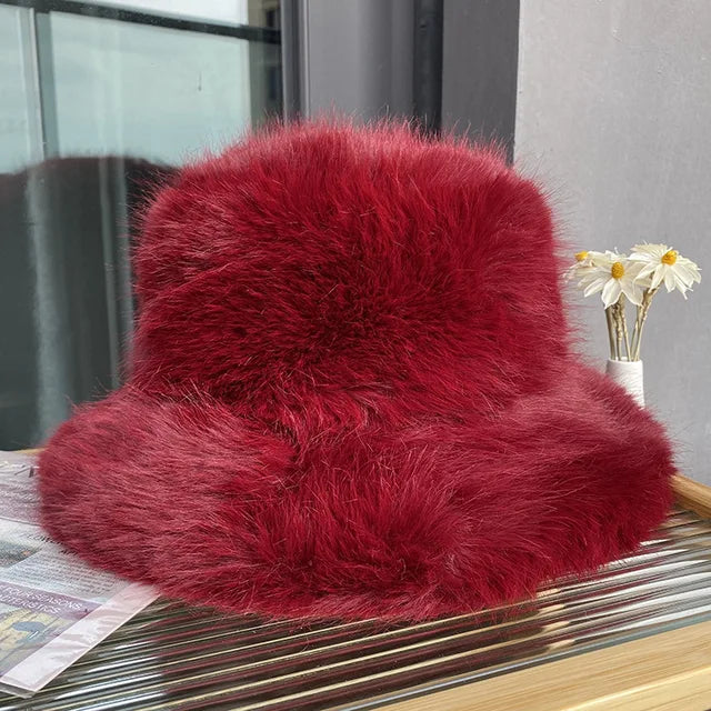 Fluffy Faux Fur Bucket Hats Women Warm Thick Plush Winter Hat-Winter Hats-Arimonz-Wine red-54-58cm/ 21-22"-Arimonz
