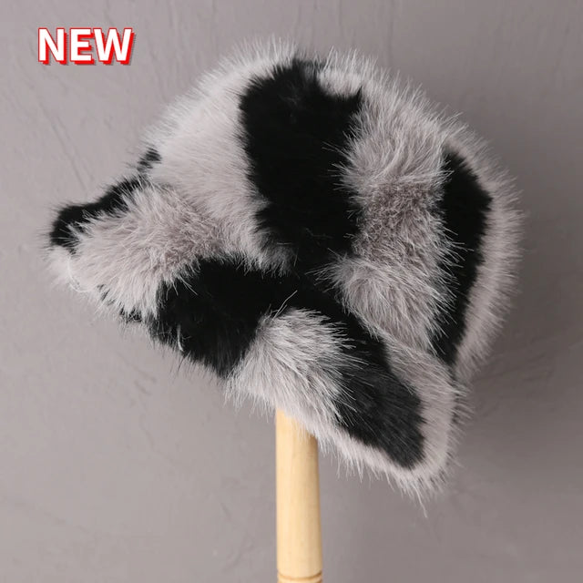 Fluffy Faux Fur Bucket Hats Women Warm Thick Plush Winter Hat-Winter Hats-Arimonz-Zebra black grey-54-58cm/ 21-22"-Arimonz