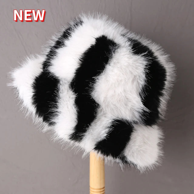 Fluffy Faux Fur Bucket Hats Women Warm Thick Plush Winter Hat-Winter Hats-Arimonz-Zebra black white-54-58cm/ 21-22"-Arimonz