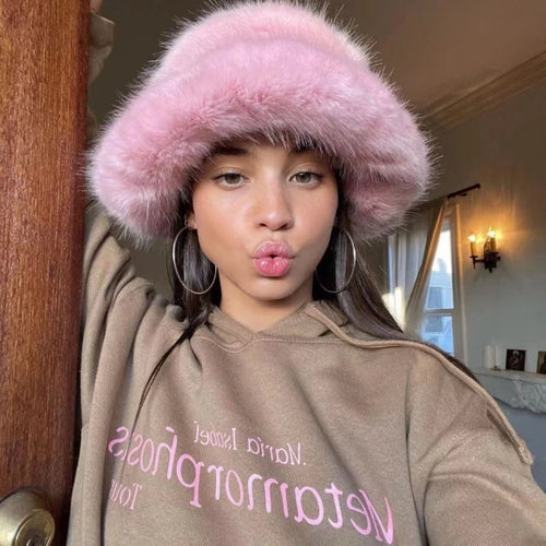 Fluffy Faux Fur Bucket Hats Women Warm Thick Plush Winter Hat-Winter Hats-Arimonz-Arimonz