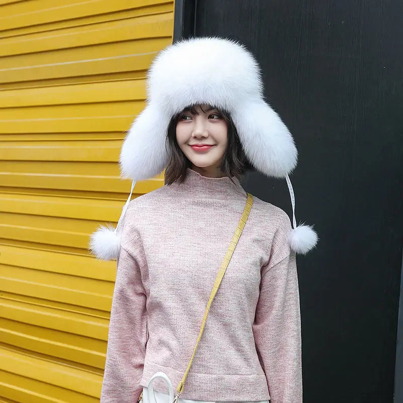 Fox Fur Hats Women Aviator Trapper Snow Caps Earflap Fur Bomber Hat-Winter Hats-Arimonz-Arimonz