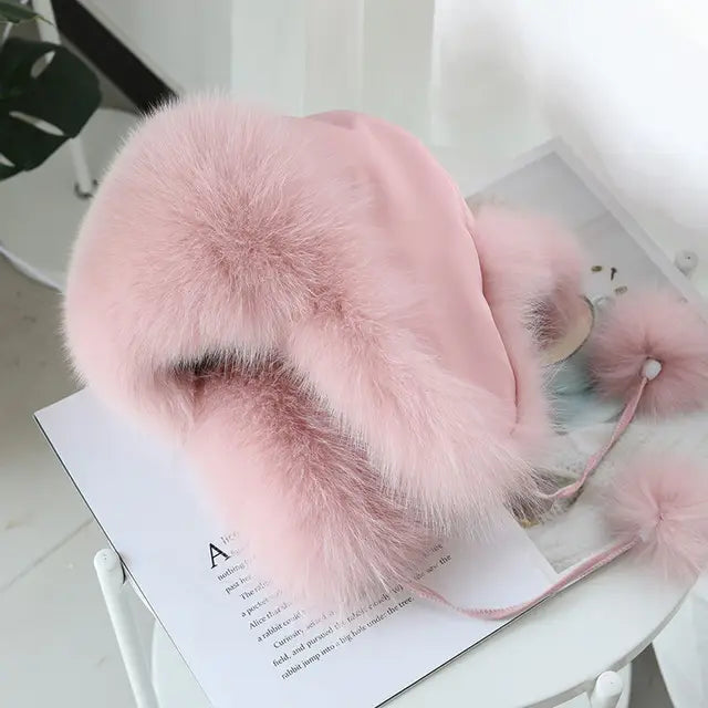 Fox Fur Hats Women Aviator Trapper Snow Caps Earflap Fur Bomber Hat-Winter Hats-Arimonz-beige pink-One Size-Arimonz