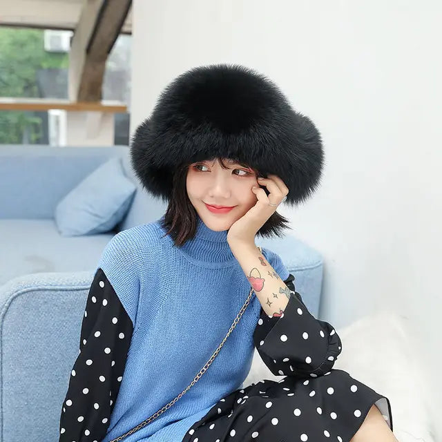 Fox Fur Hats Women Aviator Trapper Snow Caps Earflap Fur Bomber Hat-Winter Hats-Arimonz-black-One Size-Arimonz
