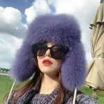 Fox Fur Hats Women Aviator Trapper Snow Caps Earflap Fur Bomber Hat-Winter Hats-Arimonz-blue grey-One Size-Arimonz