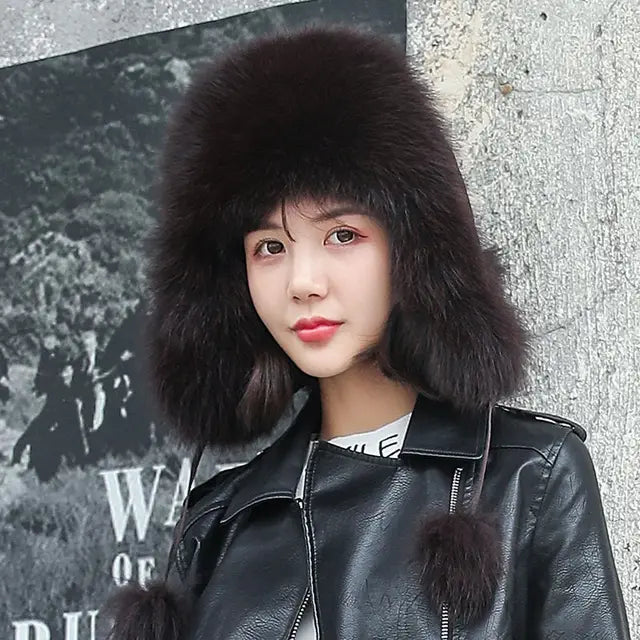 Fox Fur Hats Women Aviator Trapper Snow Caps Earflap Fur Bomber Hat-Winter Hats-Arimonz-dark coffee-One Size-Arimonz