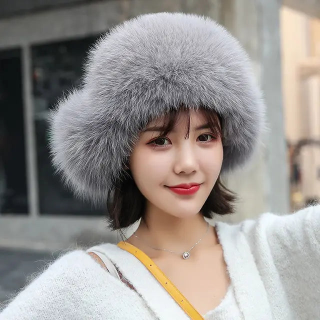Fox Fur Hats Women Aviator Trapper Snow Caps Earflap Fur Bomber Hat-Winter Hats-Arimonz-light grey-One Size-Arimonz
