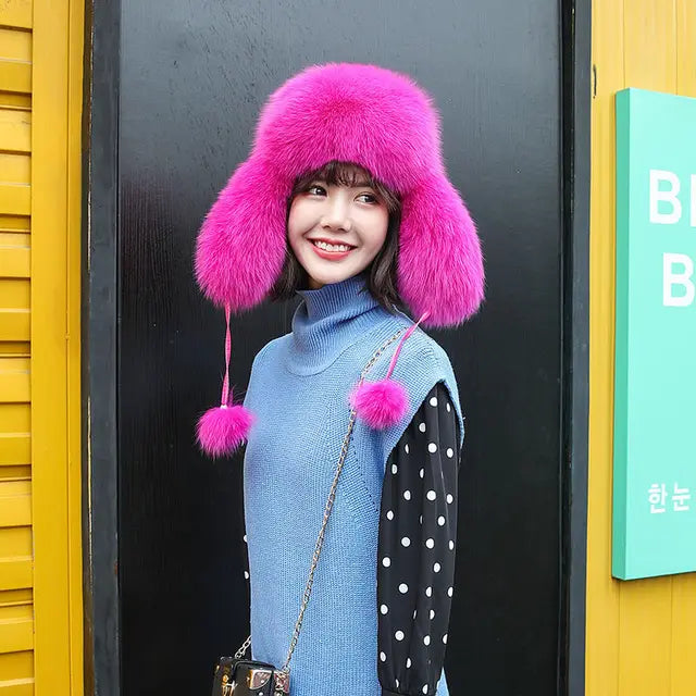Fox Fur Hats Women Aviator Trapper Snow Caps Earflap Fur Bomber Hat-Winter Hats-Arimonz-rose red-One Size-Arimonz