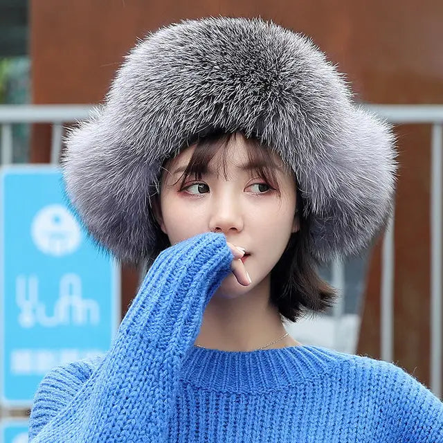 Fox Fur Hats Women Aviator Trapper Snow Caps Earflap Fur Bomber Hat-Winter Hats-Arimonz-sliver blue-One Size-Arimonz