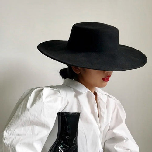 French Women's Hat Big Wide Brim Fedora Hats Flat Top Felt Hat-Winter Hats-Arimonz-Arimonz