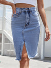 Front Slit Blue Denim Skirt Pocket High Waist Zipper Fly Midi Skirt-Denim Skirts-Arimonz-Arimonz